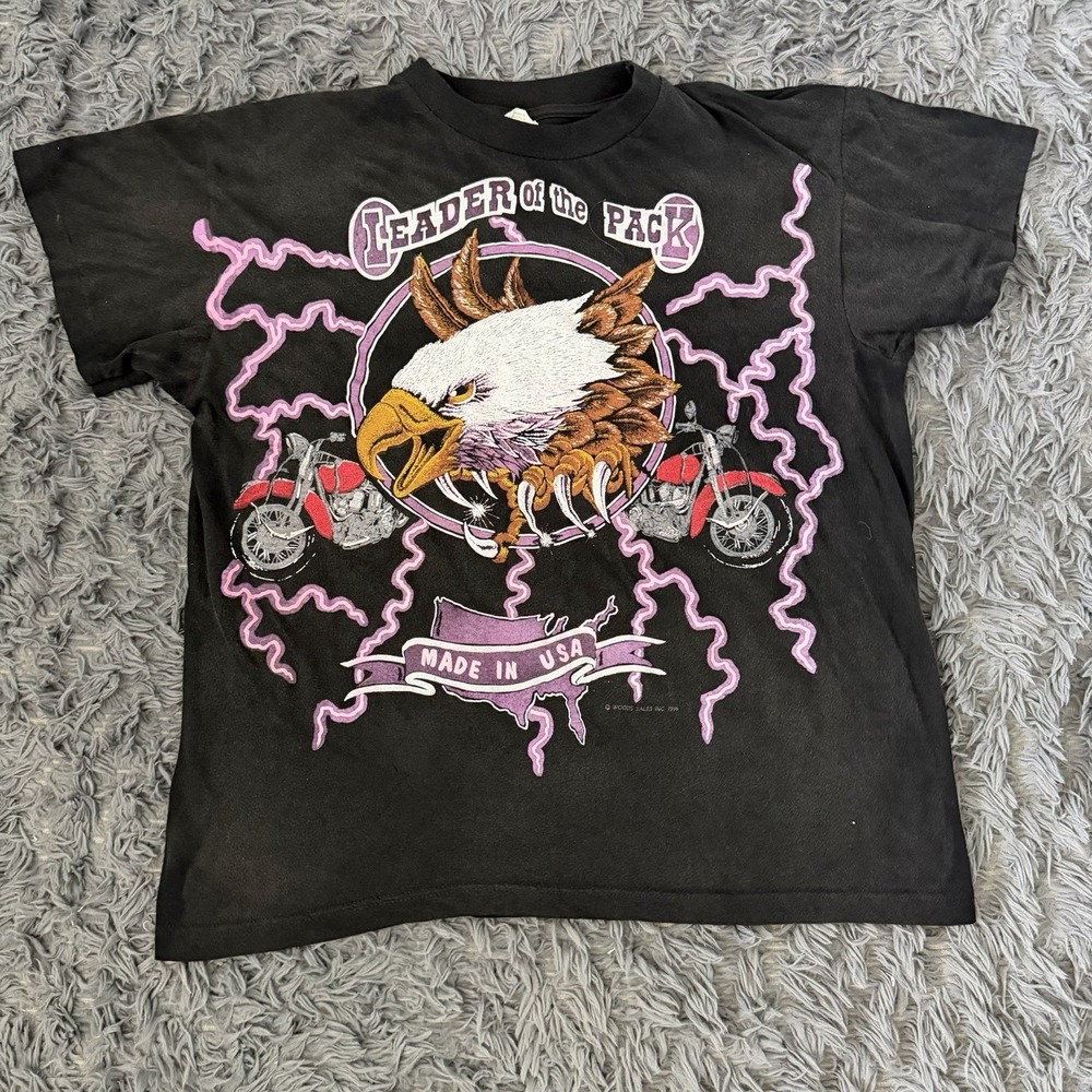 Vintage 90s Leader If The Pack Biker Lightning Shirt Men's Size Large USA Faded
